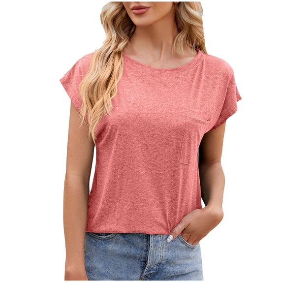 Honeeladyy Womens Short Sleeve Shirts with Pocket,Crew Neck Lightweight Tops Summer Solid Color Loose Pullover for Office Work Gift Pink M