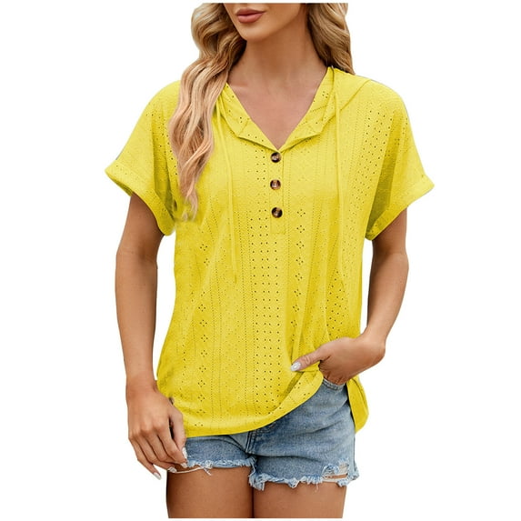 Honeeladyy Womens Short Sleeve Solid Color Tops V Neck Buttons Hooded Loose T Shirt Summer Active Breathable Tees Gift Yellow M