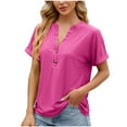 thumbnail image 1 of Honeeladyy Womens Short Sleeved Tops,V Neck Button Down Solid Color Loose T Shirt Summer Breathable Textured Pullover Gift Hot Pink M, 1 of 4