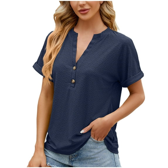 Honeeladyy Womens Short Sleeved Tops,V Neck Button Down Solid Color Loose T Shirt Summer Breathable Textured Pullover Gift Navy XXL