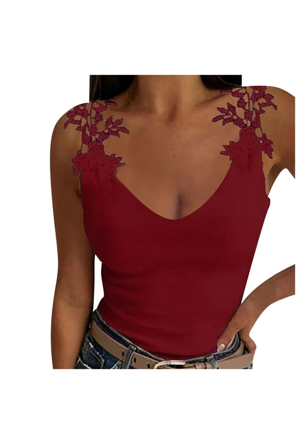 Womens Slim Fit Lace Strap Long Tank Tops Summer V Neck Solid Color Undershirts Camisole Tops Wine L