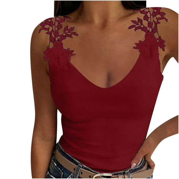 Honeeladyy Womens Slim Fit Lace Strap Long Tank Tops Summer V Neck Solid Color Undershirts Camisole Tops Wine M