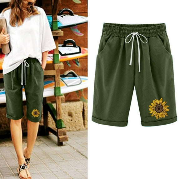 Honeeladyy Womens Slip Shorts Women's Summer Printed Five Points Large Size Cotton Linen Pants Casual Pants Shorts
