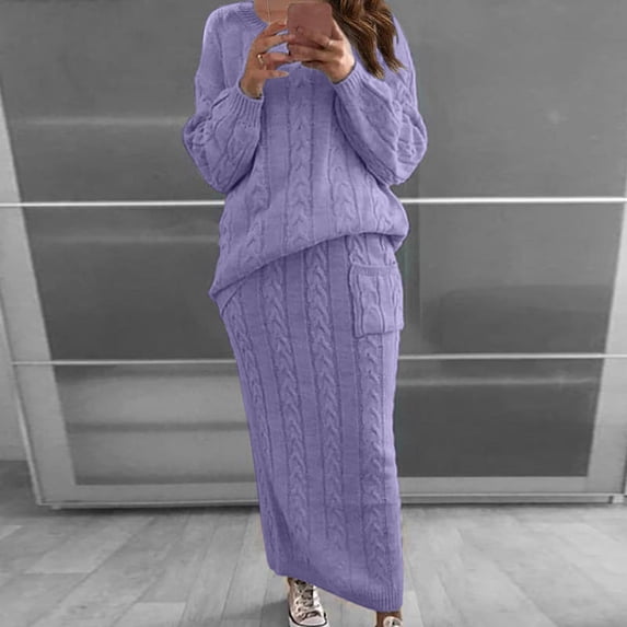 Honeeladyy Womens Solid Color Round Neck Long Sleeve Cable Knitted Warm Two-Piece Skirt Sweater Suit Set two piece skirt sets women clothing