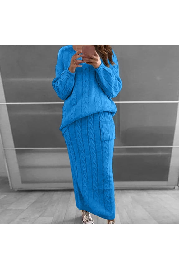 Womens Solid Color Round Neck Long Sleeve Cable Knitted Warm Two-Piece Skirt Sweater Suit Set Two Piece skrit for Women Summer