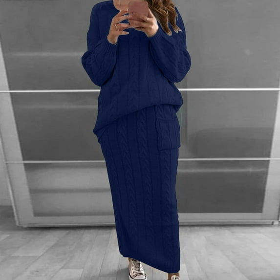 Honeeladyy Womens Solid Color Round Neck Long Sleeve Cable Knitted Warm Two-Piece Skirt Sweater Suit Set skirt suits for women