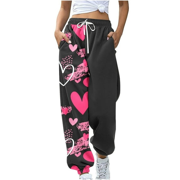 Honeeladyy Womens Sport Active Jogging Sweatpant Cuffed Trousers High Waist Loose Pants Cinch Print Pant Gifts for Girlfriend Black L
