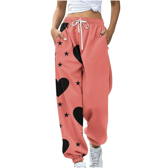 Honeeladyy Womens Sport Active Jogging Sweatpant Cuffed Trousers High Waist Loose Pants Cinch Print Pant Gifts for Mom Pink XXL