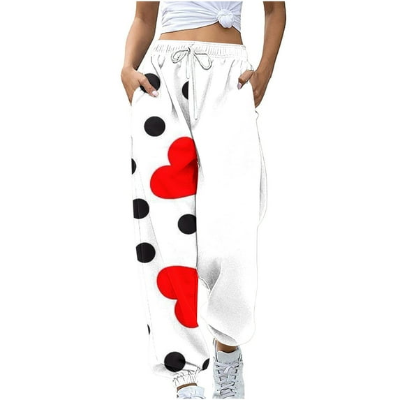 Honeeladyy Womens Sport Active Jogging Sweatpant Cuffed Trousers High Waist Loose Pants Cinch Print Pant Gifts for Mom White XL