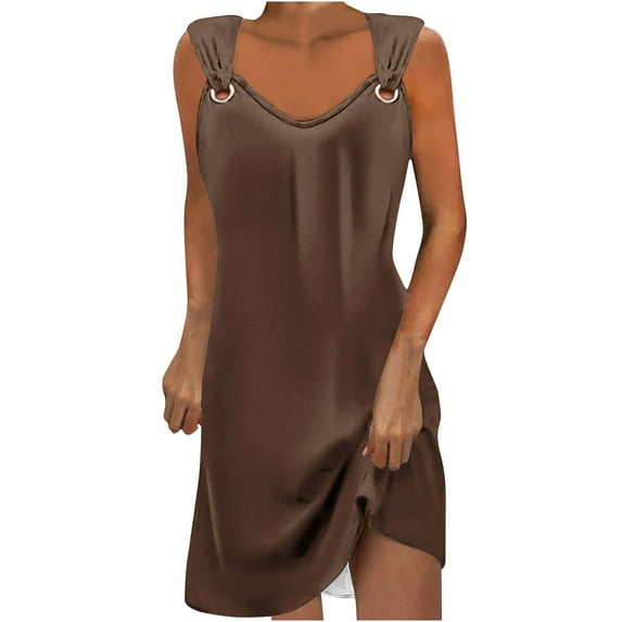 Honeeladyy Womens Strap Mini Dress Solid Color A Line Sleeveless Dress Summer Vacation Beach Sundress Brown XXL