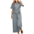 thumbnail image 1 of Honeeladyy Womens Summer 2 Piece Outfits Crew Neck Short Sleeve Wide Leg Long Pants Lounge Sets with Pockets Gray XXL, 1 of 6