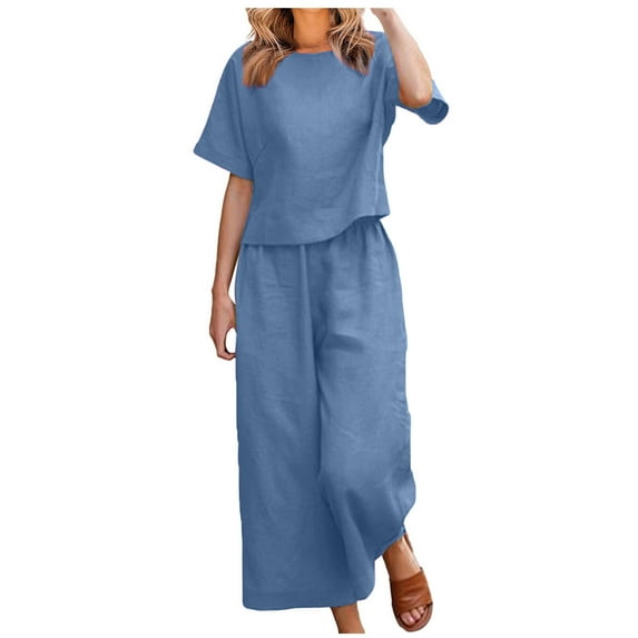 Honeeladyy Womens Summer 2 Piece Outfits Crew Neck Short Sleeve Wide Leg Long Pants Lounge Sets with Pockets Sky Blue L