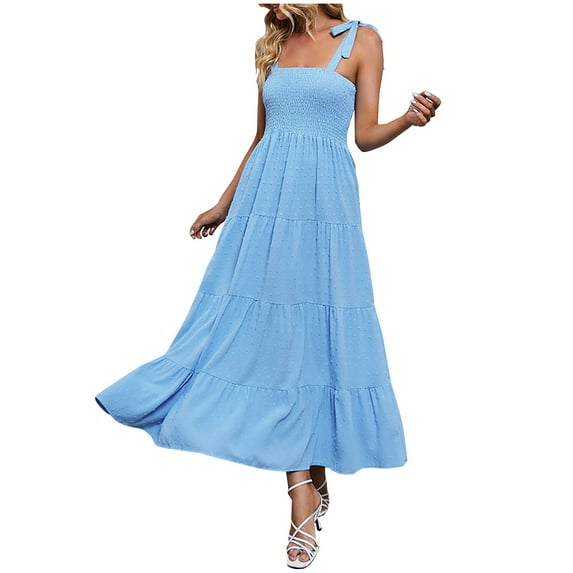 Honeeladyy Womens Summer Boho Spaghetti Strap Maxi Dress Square Neck Solid Color Ruffle A Line Beach Long Dress Blue XL