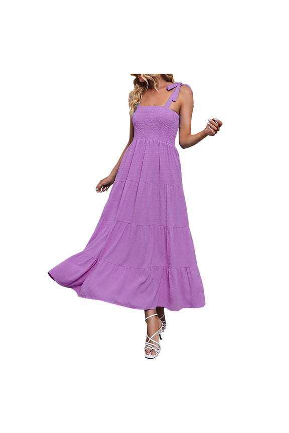 Womens Summer Boho Spaghetti Strap Maxi Dress Square Neck Solid Color Ruffle A Line Beach Long Dress Purple S