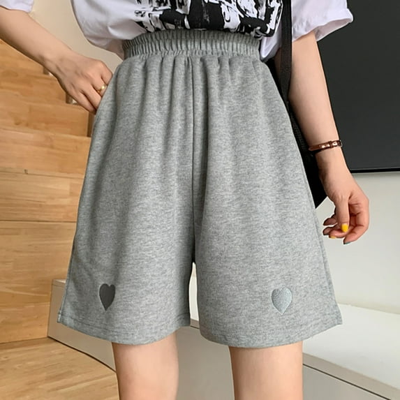 Honeeladyy Womens Summer High Waisted Pants Fashion Casual Womens Heart Embroidery Pockets Ladies Loose Shorts Pants