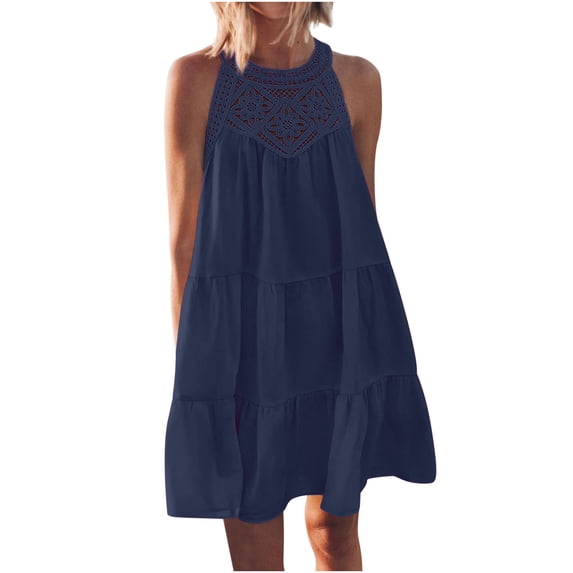 Honeeladyy Womens Summer Hollow Out Halter Mini Dresses Solid Color Sleeveless A Line Layered Swing Vacation Tank Dress Navy M