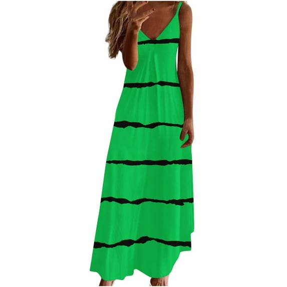 Honeeladyy Womens Summer Sleeveless Maxi Dress V Neck Bohemian Adjustable Spaghetti Strap Striped Loose Long Dress Green XL