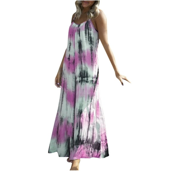 Honeeladyy Womens Summer Sleeveless Maxi Dress V Neck Bohemian Adjustable Spaghetti Strap Tie Dye Loose Long Dress Hot Pink L