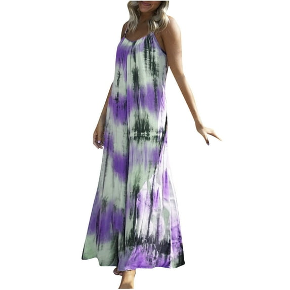 Honeeladyy Womens Summer Sleeveless Maxi Dress V Neck Bohemian Adjustable Spaghetti Strap Tie Dye Loose Long Dress Purple M