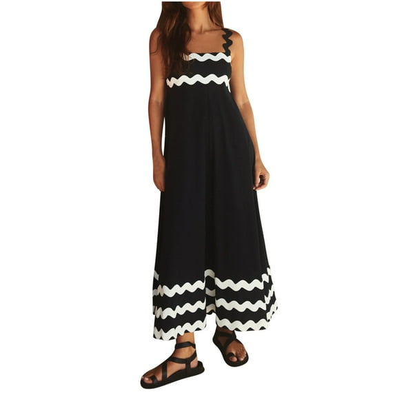 Honeeladyy Womens Summer Sleeveless Maxi Dresses Adjustable Strap Zipper Beach Vacation Flowy Long Dress Black XL