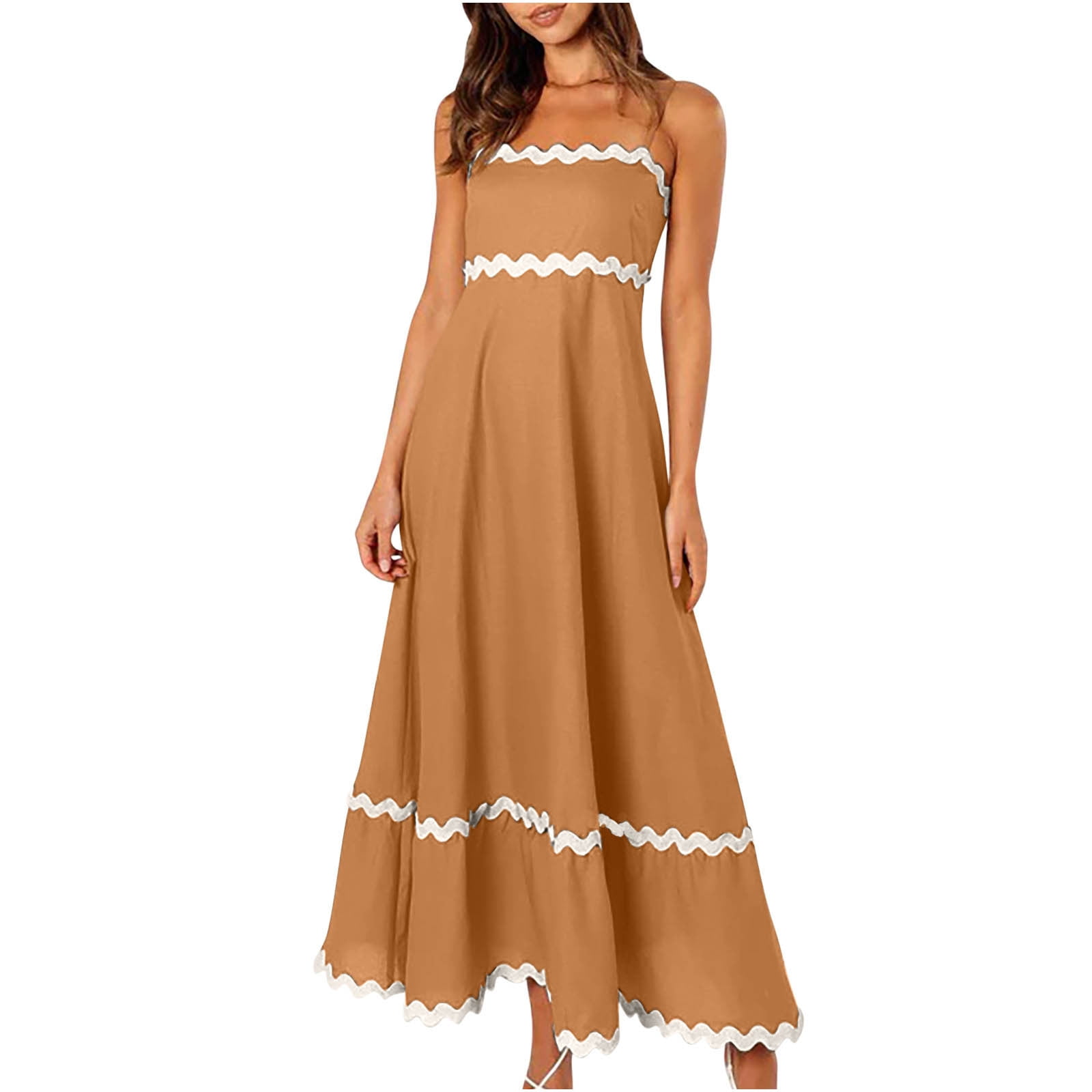 Honeeladyy Womens Summer Sleeveless Maxi Dresses Adjustable Strap Zipper Beach Vacation Flowy Long Dress Brown XL, Women's, Size: 10(XL)