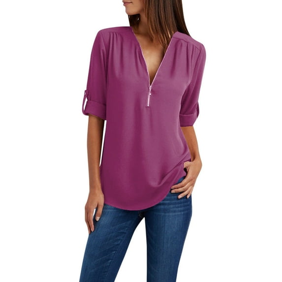 Honeeladyy Womens Summer Tops Solid Color Chiffon Blouses Business Work V Neck Zipper Shirts Roll Sleeve Breathable Tops Gifts for Mom Purple