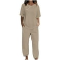 thumbnail image 1 of Honeeladyy Womens Summer Two Piece Outfits Cotton Linen Capris Sets Short sleeve Tops with Wide Leg Cropped Pants Matching Set Khaki S, 1 of 4