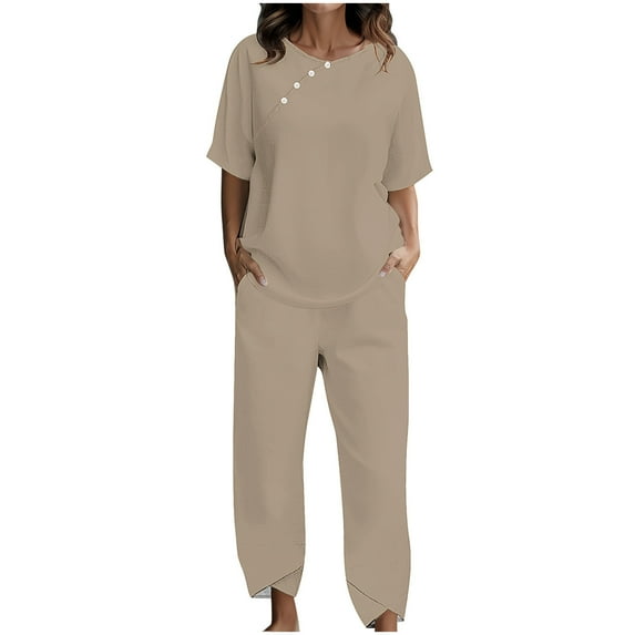 Honeeladyy Womens Summer Two Piece Outfits Cotton Linen Capris Sets Short sleeve Tops with Wide Leg Cropped Pants Matching Set Khaki S