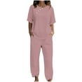 thumbnail image 1 of Honeeladyy Womens Summer Two Piece Outfits Cotton Linen Capris Sets Short sleeve Tops with Wide Leg Cropped Pants Matching Set Pink L, 1 of 4