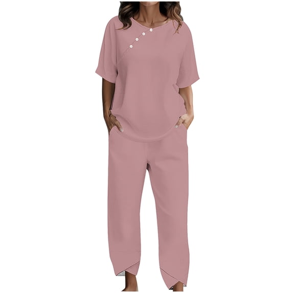 Honeeladyy Womens Summer Two Piece Outfits Cotton Linen Capris Sets Short sleeve Tops with Wide Leg Cropped Pants Matching Set Pink XXXXL