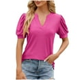 thumbnail image 1 of Honeeladyy Womens V Neck Puff Short Sleeve Shirt,Summer Solid Color Textured Pullover for Office Work Gift Hot Pink XL, 1 of 4