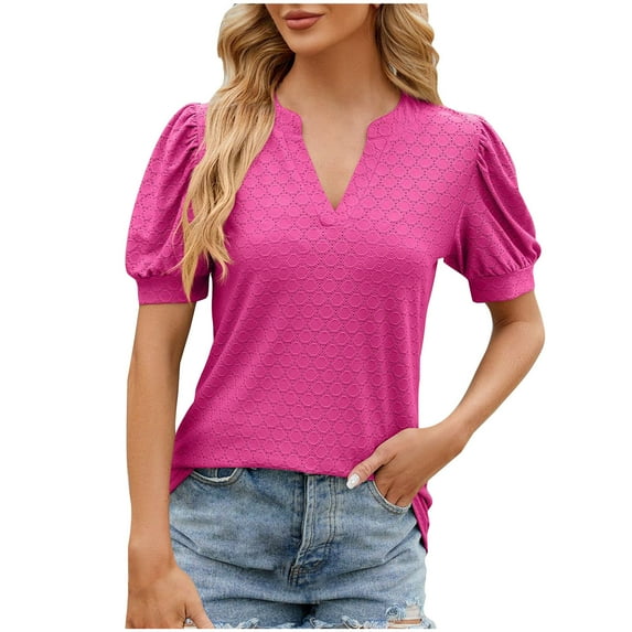 Honeeladyy Womens V Neck Puff Short Sleeve Shirt,Summer Solid Color Textured Pullover for Office Work Gift Hot Pink XL