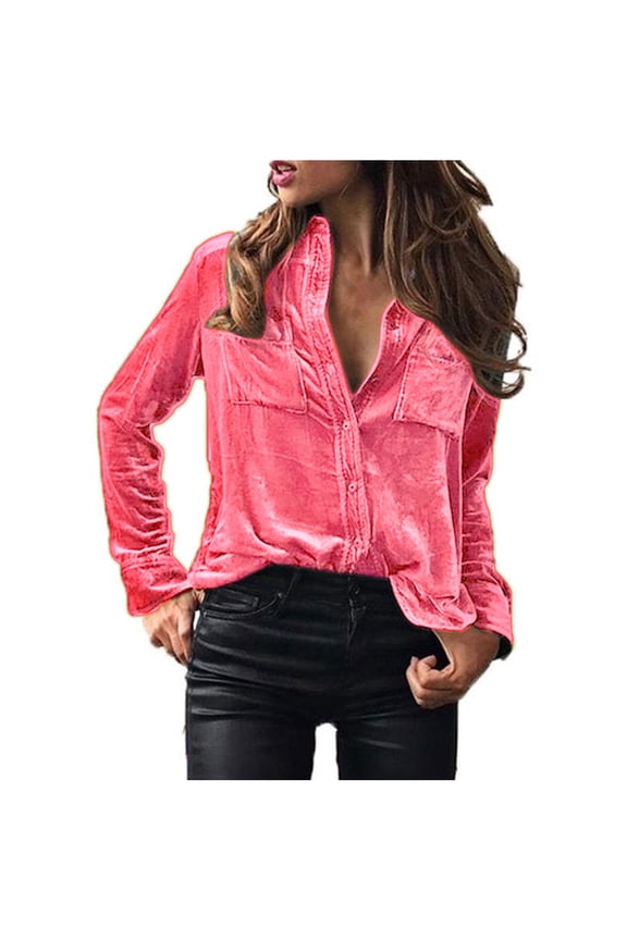 Womens Vintage Velvet Top Spring Fall Long Sleeve Button Down Shirts Blouses with Pockets for Office Valentines Day Gift for Wife Pink XL