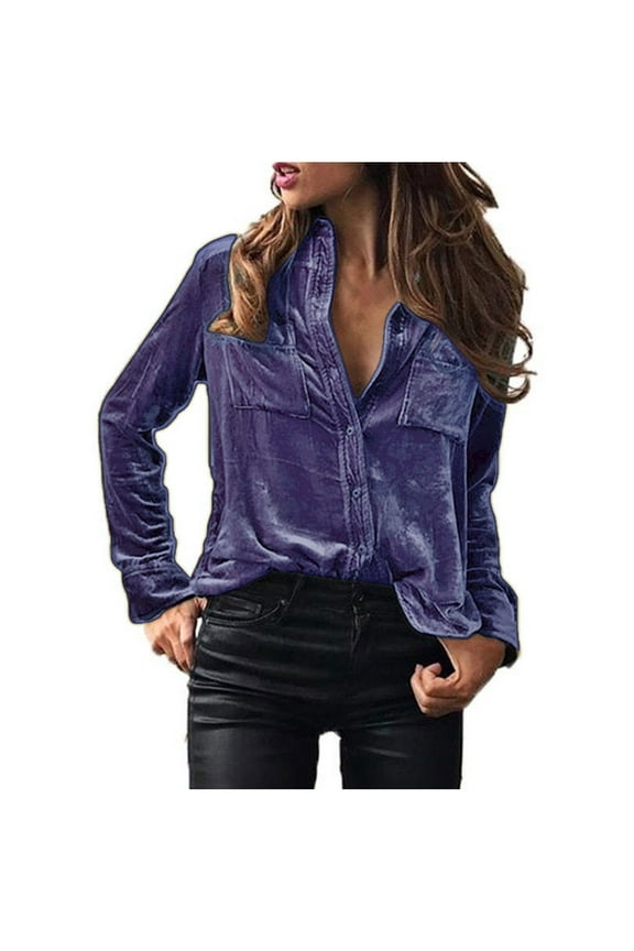 Womens Vintage Velvet Top Spring Fall Long Sleeve Button Down Shirts Blouses with Pockets for Office Birthday Gifts for Daughters Purple XXL