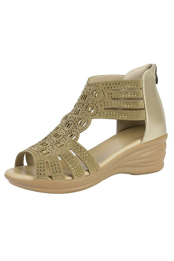 Womens Wedge Sandal Summer Fashion Rhinestone Open Toe Zip Up Platform Sandal Outdoor Shoes Ankle Strap Sandals Valentines Day Gift for Girlfriend Khaki Size 35