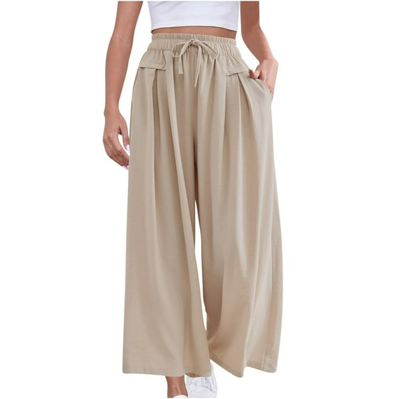 Honeeladyy Womens Wide Leg Capri Pants Summer Beach Pants Crop Yoga Pants Casual Loose Flowy Capris with Pockets Beige M