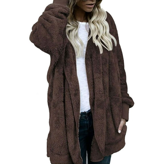 Honeeladyy Womens Winter Long Sleeve Solid Fuzzy Fleece Open Front Cardigans Jacket Coats Outerwear with Pocket Coffee M