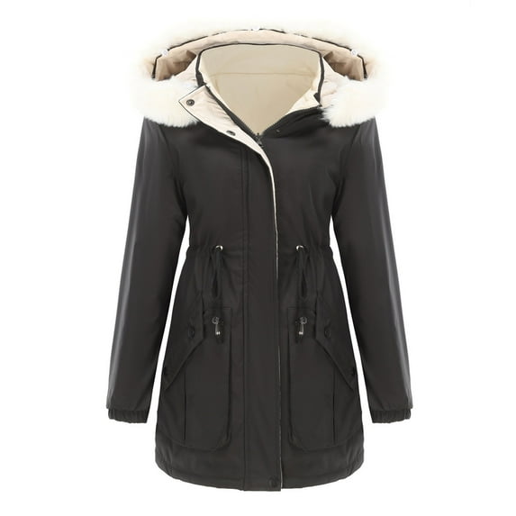 Honeeladyy Womens Winter Thicken Puffer Coat Warm Snow Jacket with Fur Removable Hood Waterproof Reversible Outwear for Skiing Hunting Christmas Gift Black XL