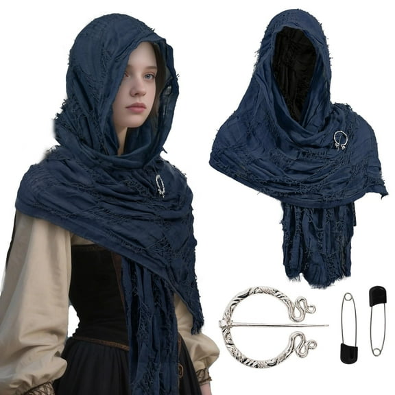 Honeeladyy Wrap Sand Hooded Shawl with Brooch, Scarf Medieval Renaissance Cosplay Cloak Cape Accessories for Playing Characters, Blue