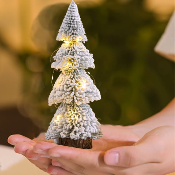 Honeeladyy Xmas Tree Miniature Snow Frost Christmas Trees Artificial Snow Frost Tree Ornaments with Wood Bases for Scene Party Decor Mini Christmas Tree (Without String Light), 3.94x3.94x9.84in