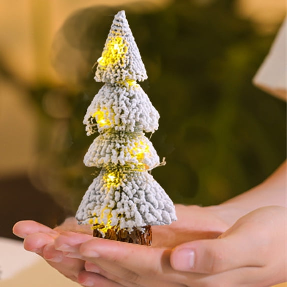 Honeeladyy Xmas Tree Miniature Snow Frost Christmas Trees Artificial Snow Frost Tree Ornaments with Wood Bases for Scene Party Decor Mini Christmas Tree (Without String Light), 3.54x3.54x7.87in