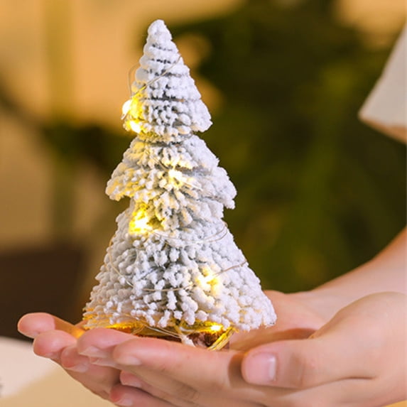 Honeeladyy Xmas Tree Miniature Snow Frost Christmas Trees Artificial Snow Frost Tree Ornaments with Wood Bases for Scene Party Decor Mini Christmas Tree (Without String Light), 3.15x3.15x5.91in