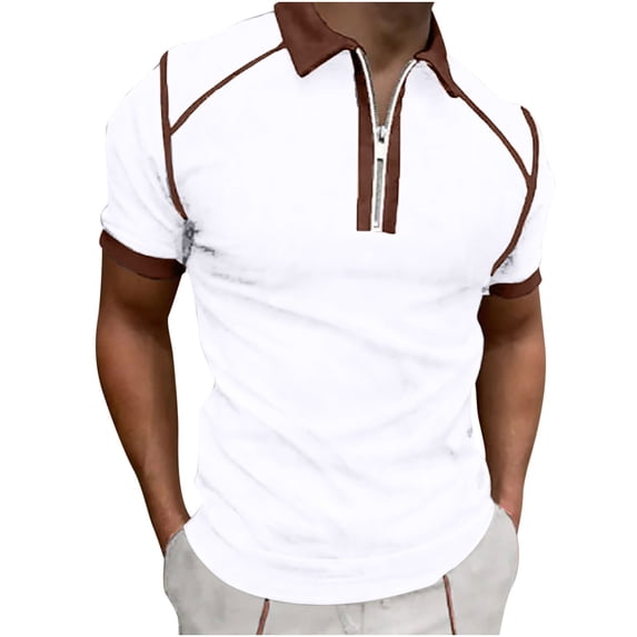 Honeeladyy Zipper Shirts for Men Short Sleeve Solid Color Slim Fit Basic Workout Sports Golf Lapel Tee Tops Christmas Gift for Boyfriend White M