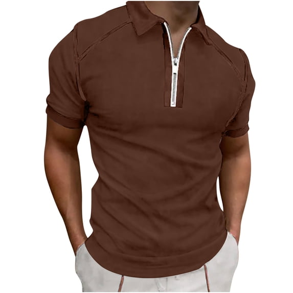 Honeeladyy Zipper Shirts for Men Short Sleeve Solid Color Slim Fit Basic Workout Sports Golf Lapel Tee Tops New Year Gift for Husband Yellow L