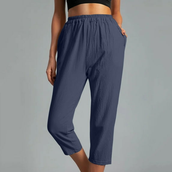 Honeeladyy loose pants for women Women Casual Solid Color Pockets Elastic Waist Comfortable Straight Calf-Length Pants