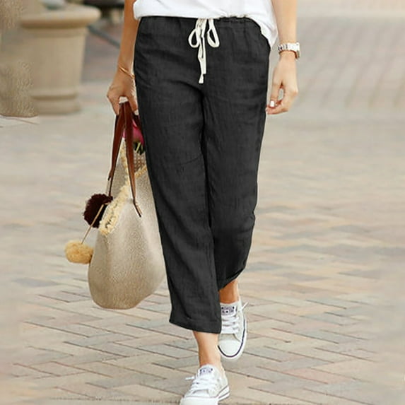 Honeeladyy plus size women's pants Women's casual drawstring elastic waist cotton linen nine-quarter pants