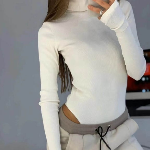 Honeeladyy shapewear bodysuit Womens Solid Rompers Jumpsuit High-necked Long Sleeve Jumpsuit Bodysuit