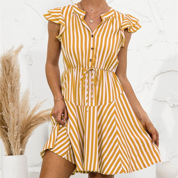 Honeeladyy summer dresses for women vacation Women Fashion Summer Short Sleeve Stripe Print Casual Dress V-Neck Button Dress