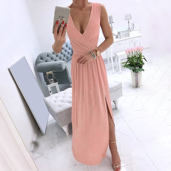 Honeeladyy v-neck dress for women Women's Fashion Casual England Loose Sleeveless Solid V-Neck Floor-Length Dress