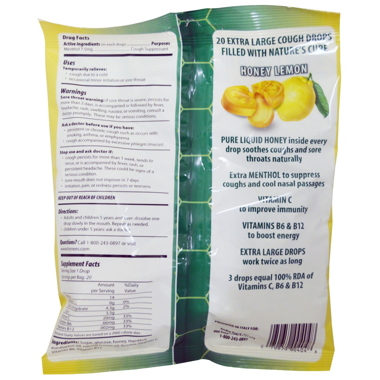 Honees Honey Lemon Cough Drops, 20 Drops Each Pack of 1